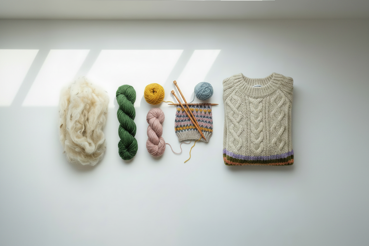 Knitting materials including yarn and a partially completed sweater on a white surface
